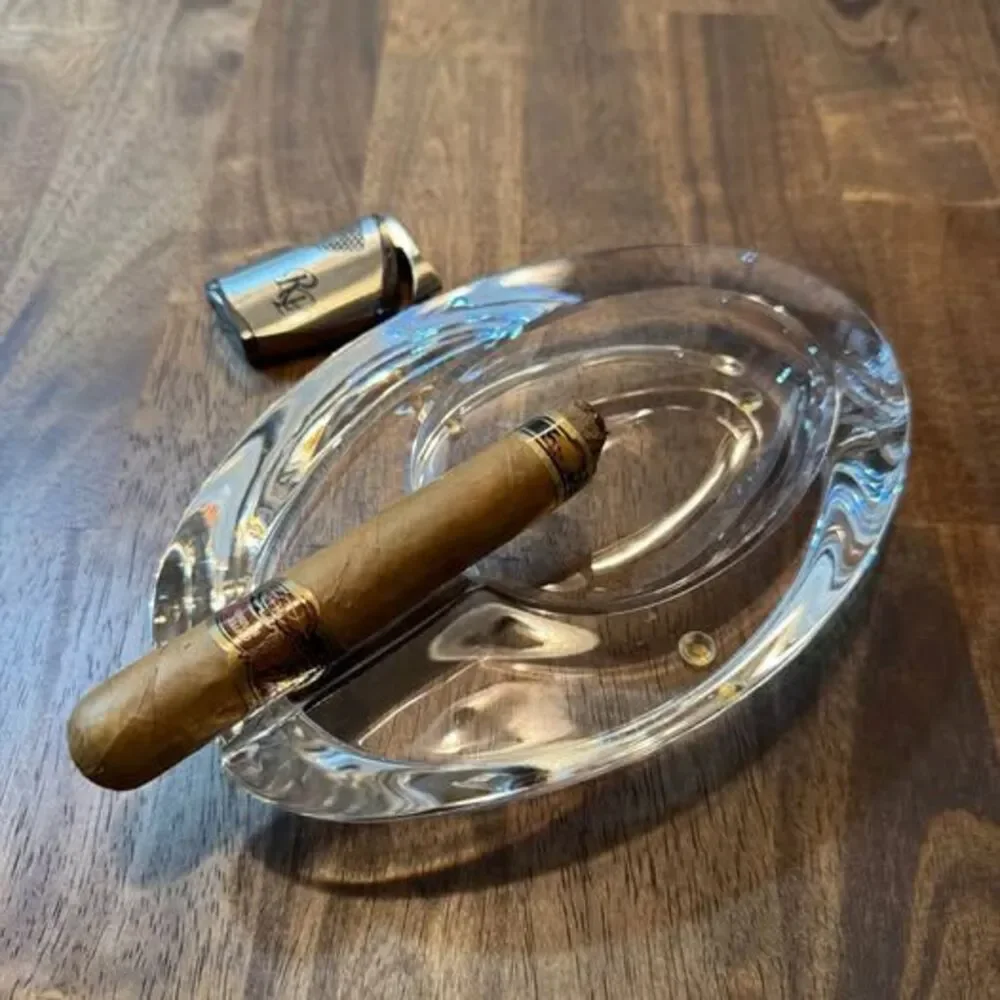 Nat Sherman Crystal Glass Cigar Ashtray – Heavy Etched Oval Ashtray